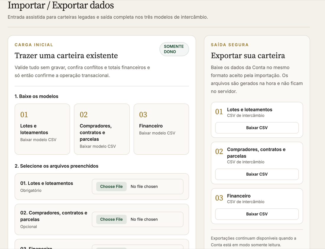 Tela de importação e exportação, com os três modelos de planilha e a conferência antes de gravar